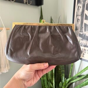 VTG 50s Etra Espresso Leather Clutch with Etched Gold Trim